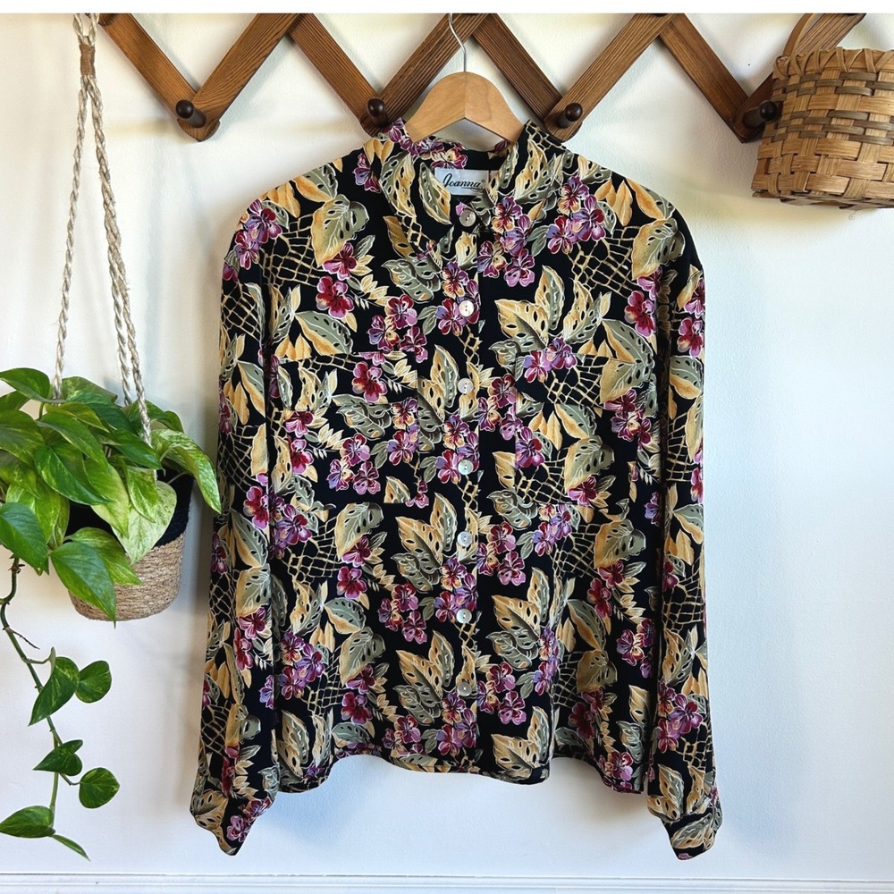 Vintage Joanna Floral Tropical Print Button Down Shirt Black Large Cottagecore